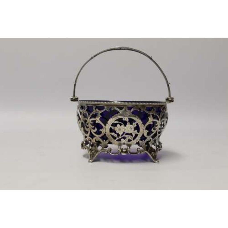 English Edwardian Silver Sugar Basket with Original Blue Glass Liner 1902, 3 In Good Condition In Central England, GB