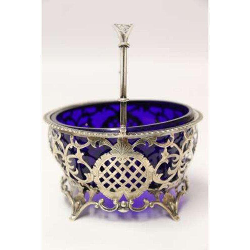 English Edwardian Silver Sugar Basket with Original Blue Glass Liner 1902, 3 1