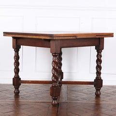 English Edwardian Solid Oak Draw Leaf Table Barley Twist Legs