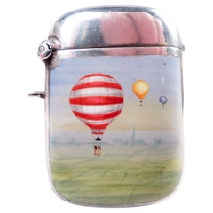 Caja fuerte inglesa eduardiana de plata de ley y esmalte para cerillas de globo de aire, 1914