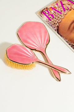 English Edwardian Sterling Silver & Peony Pink Enamel Brush and Mirror Set