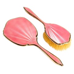 English Edwardian Sterling Silver & Peony Pink Enamel Brush and Mirror Set