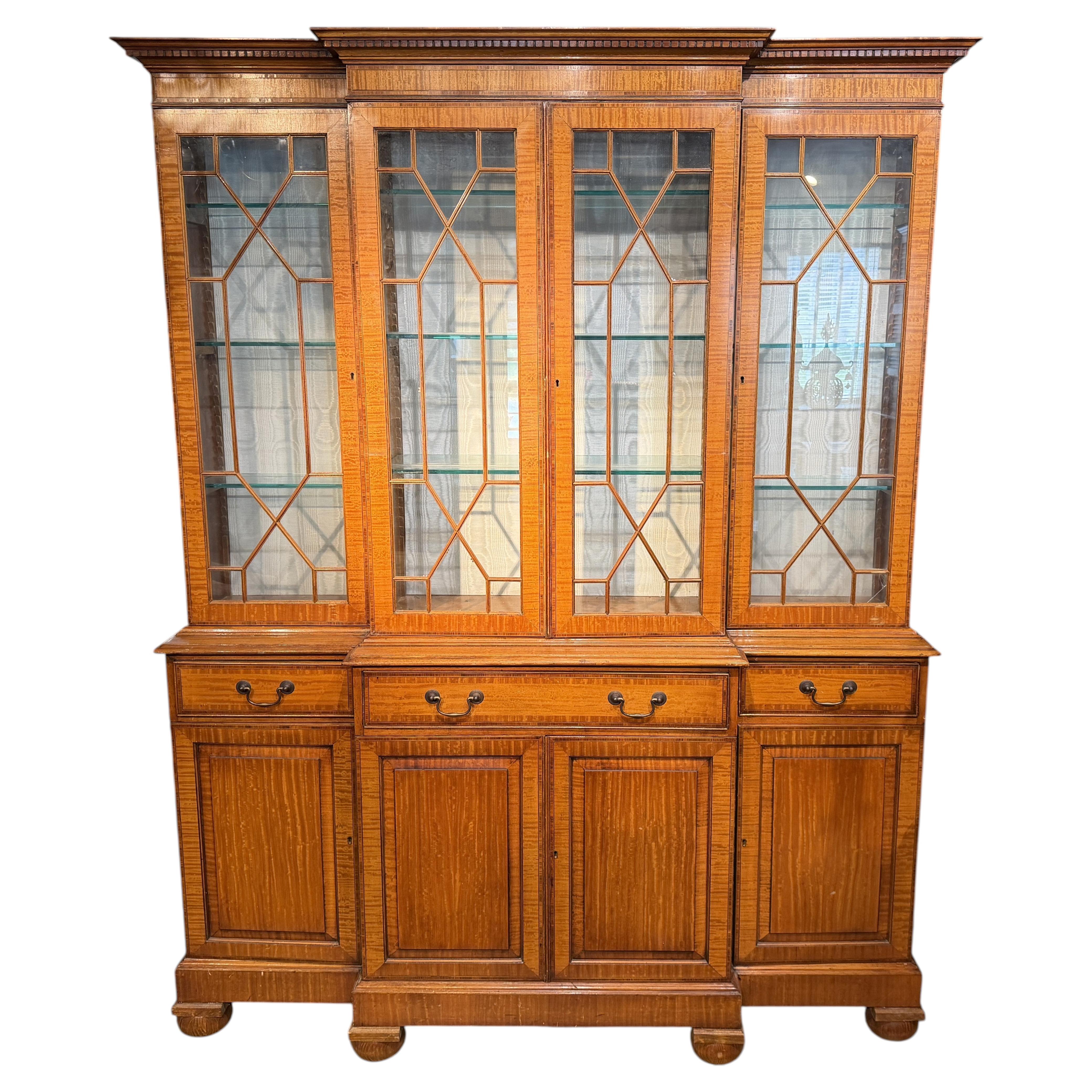 English Edwardian Style Breakfront in Satinwood with Dentil Molding For Sale
