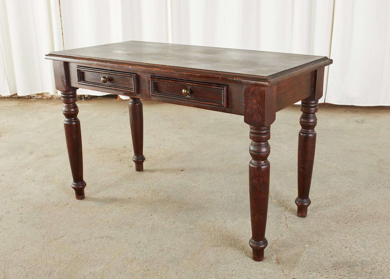 English Edwardian Style Turned Leg Pine Writing Table Desk 1