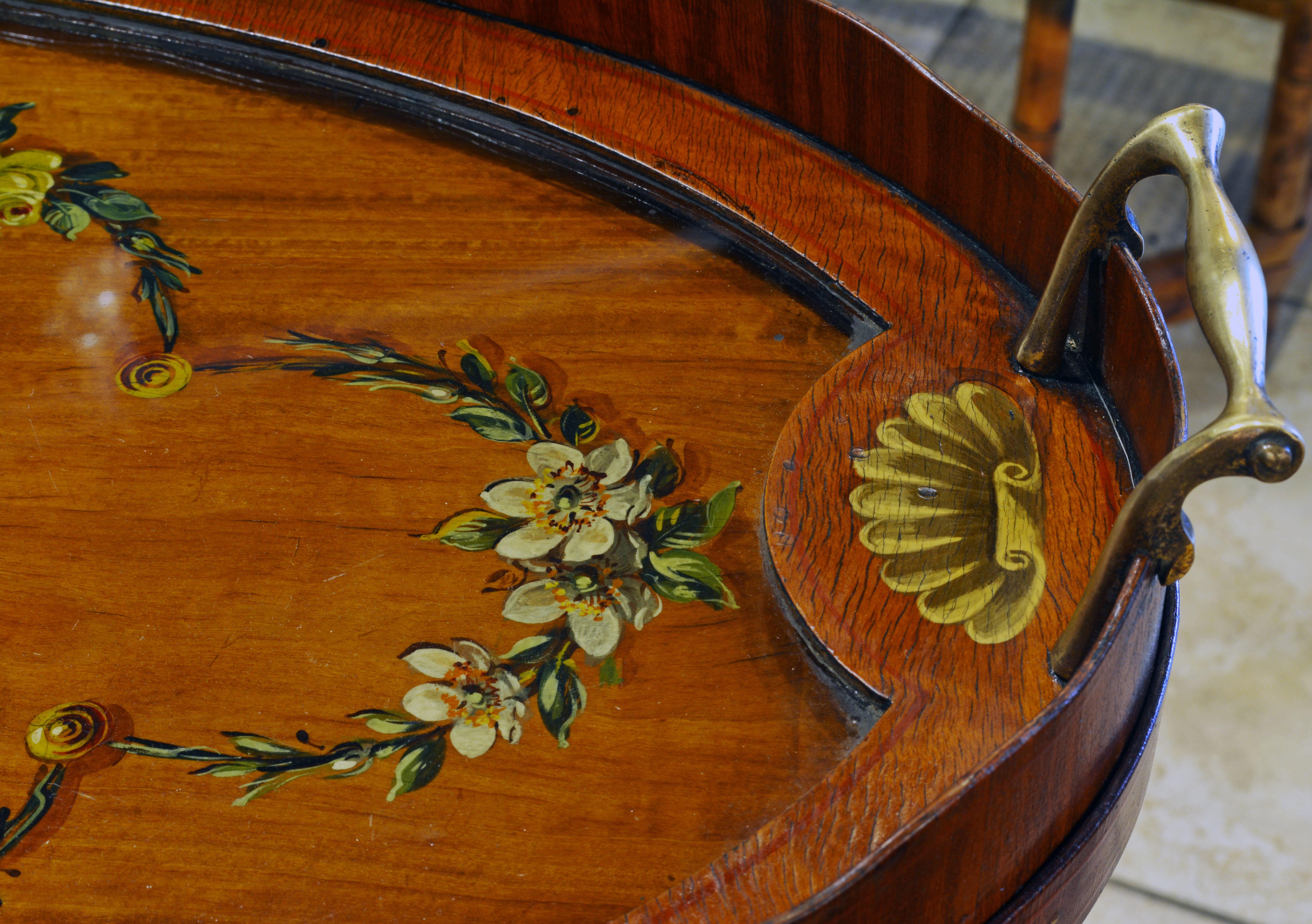 English Edwardian Two-Tier Decorated Satinwood Dessert Table with Lift Up Tray 9