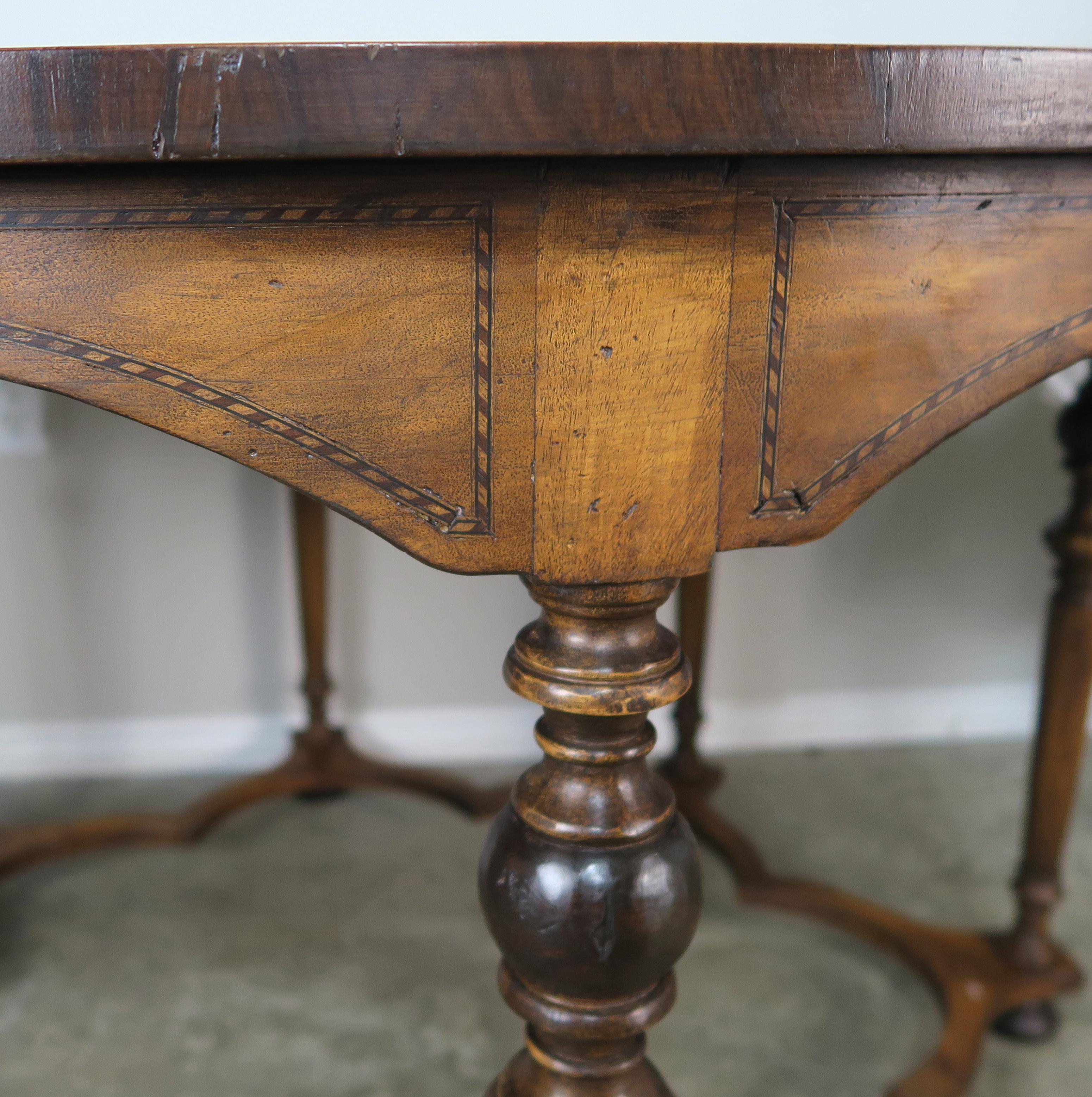 Walnut English Eight-Legged Inlaid Table, circa 1940s