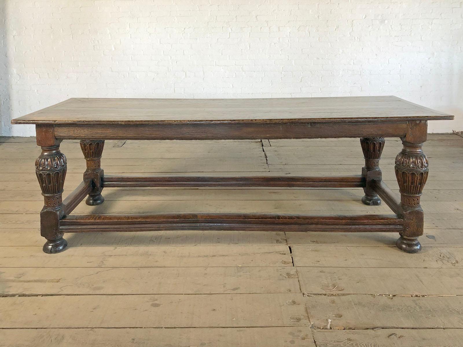 English Elizabethan oak refectory, center or dining table, the two -plank top with small 