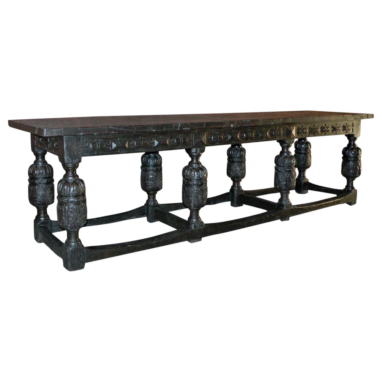 English Elizabethan Oak Long Eight-Melon Dining Table or Console Table For Sale