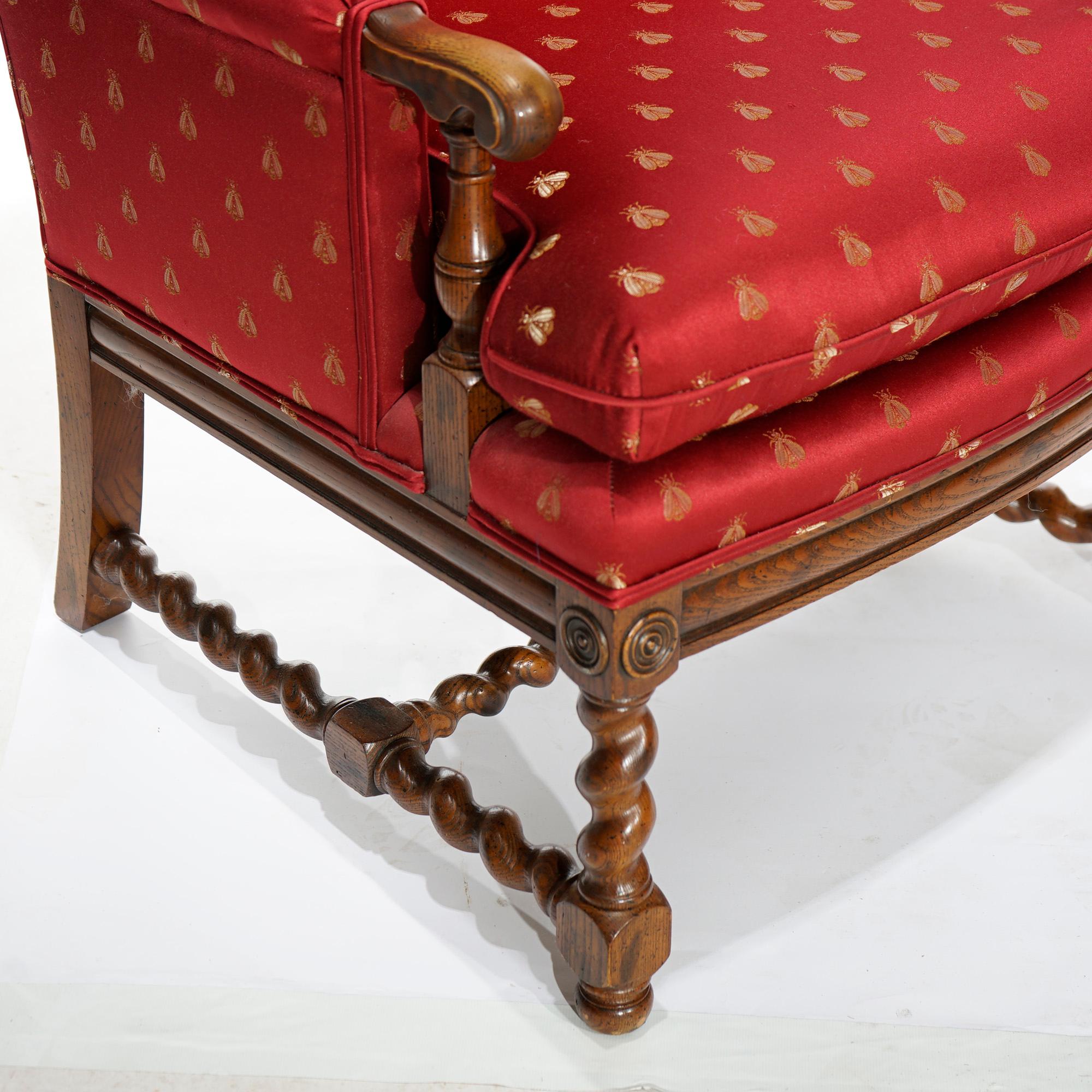 English Elizabethan Style Barley Twist Oak Fire Side Wingback Chair 20th C 8