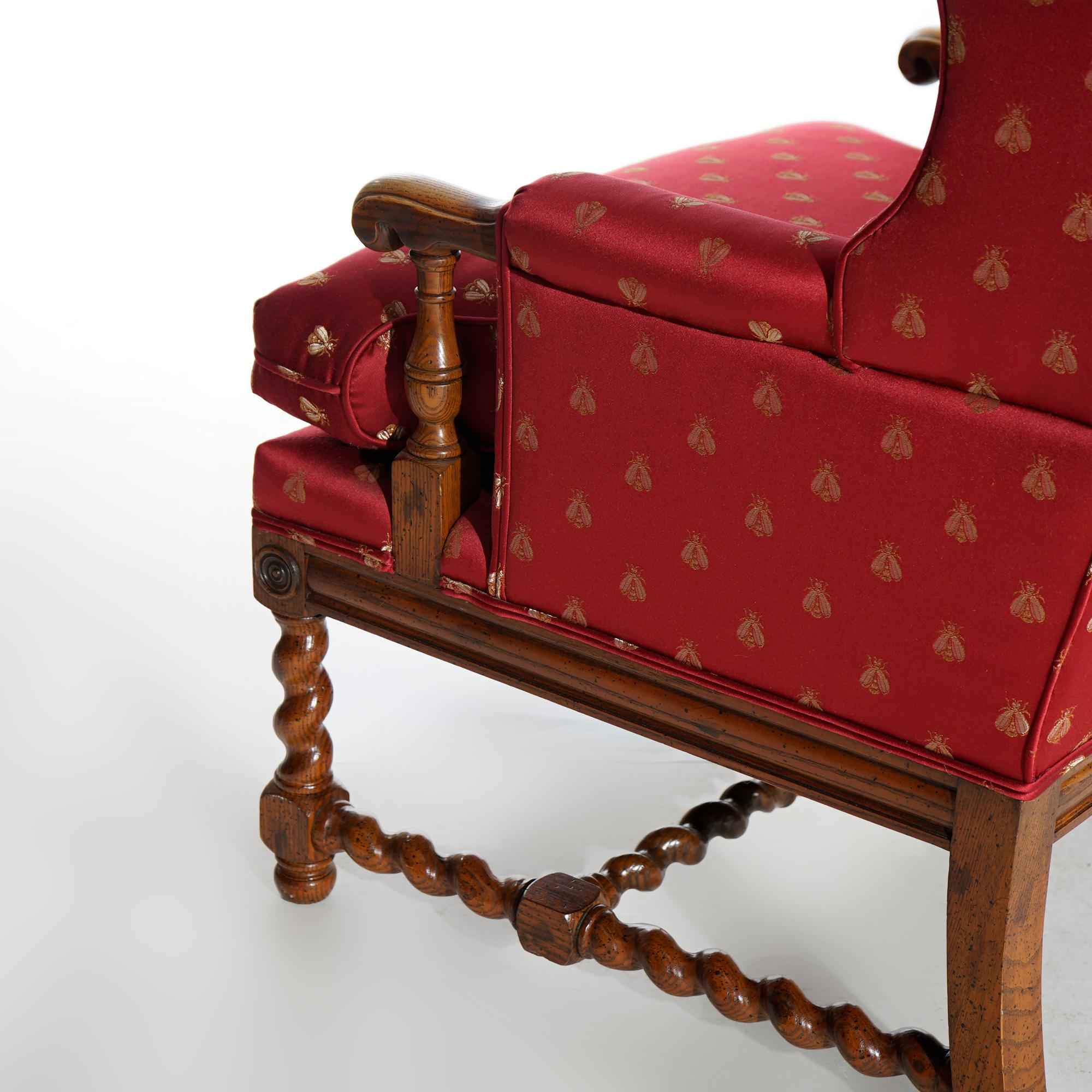 English Elizabethan Style Barley Twist Oak Fire Side Wingback Chair 20th C 10