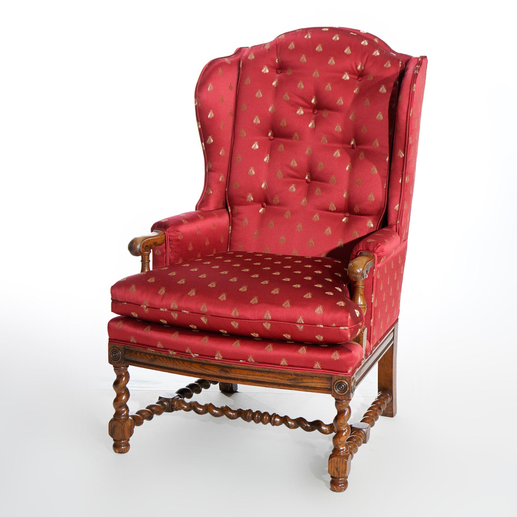English Elizabethan Style Barley Twist Oak Fire Side Wingback Chair 20th C In Good Condition In Big Flats, NY
