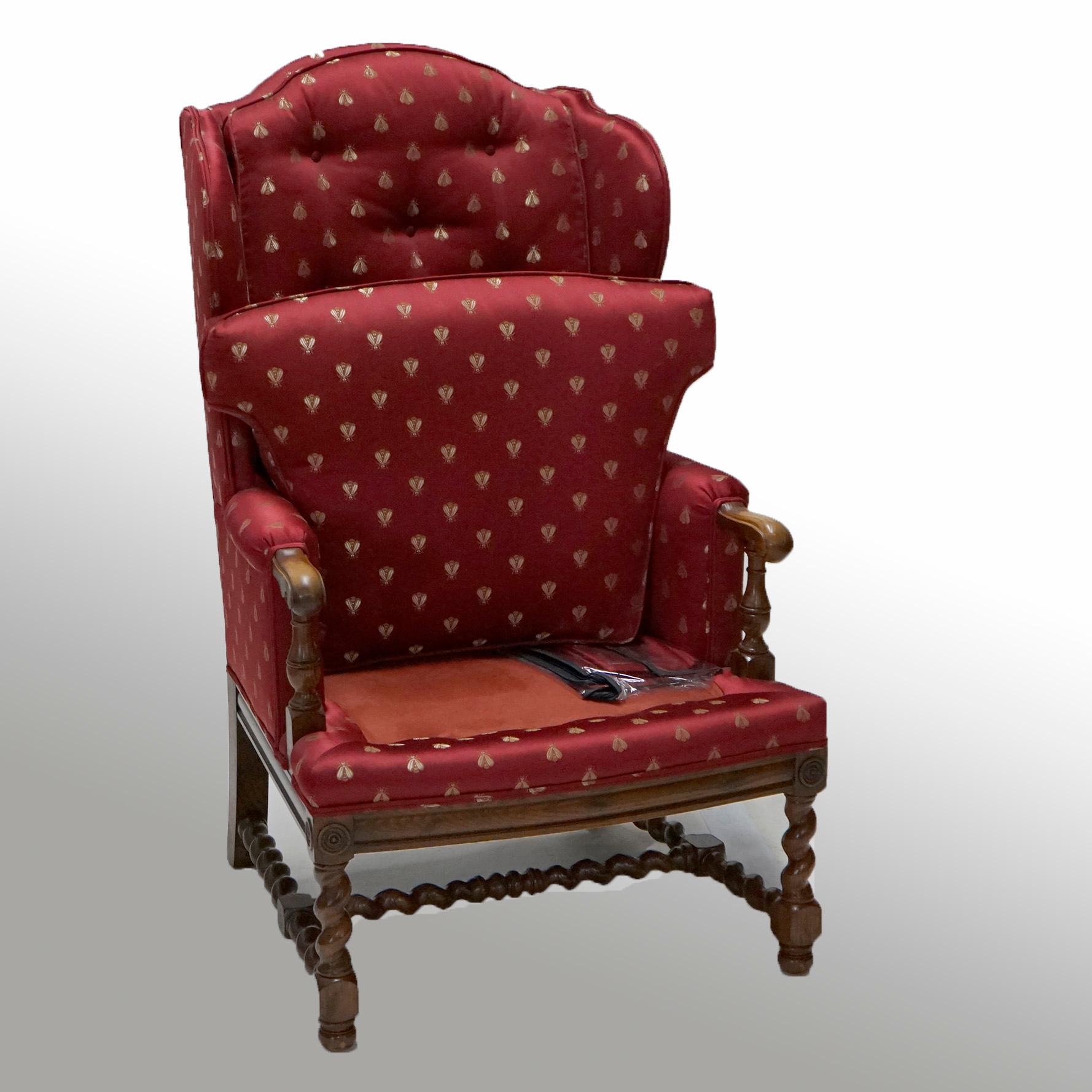 20th Century English Elizabethan Style Barley Twist Oak Fire Side Wingback Chair 20th C