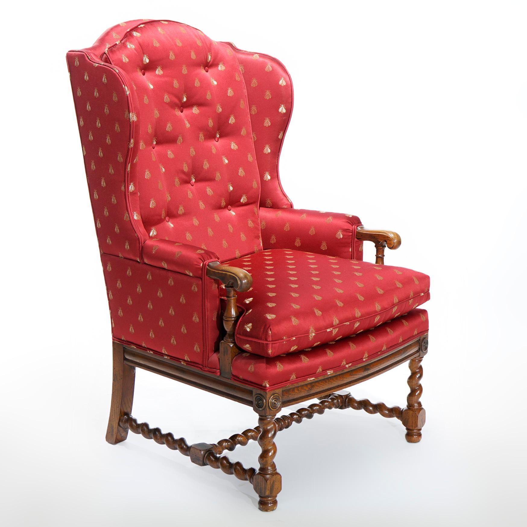 English Elizabethan Style Barley Twist Oak Fire Side Wingback Chair 20th C 1
