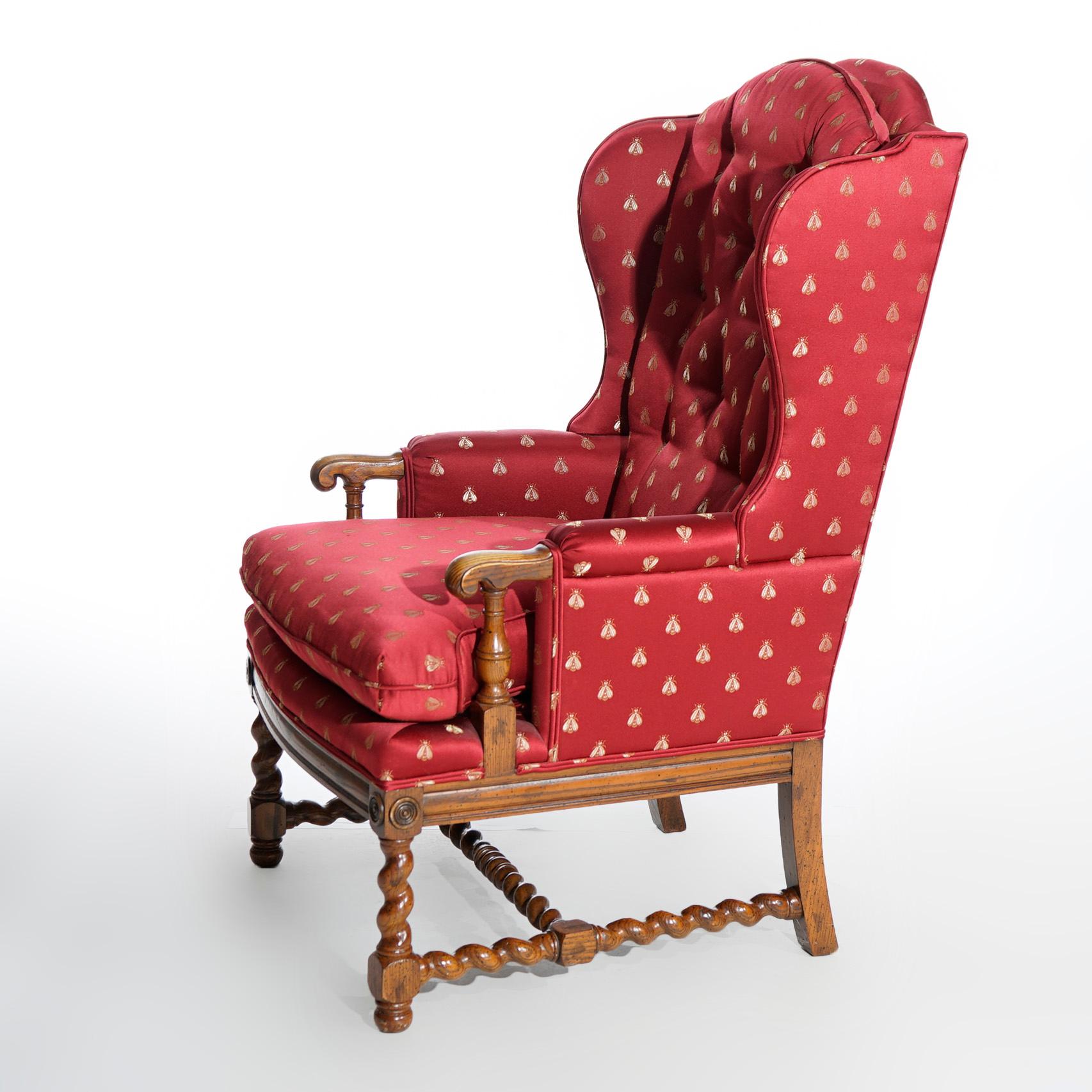 English Elizabethan Style Barley Twist Oak Fire Side Wingback Chair 20th C 2