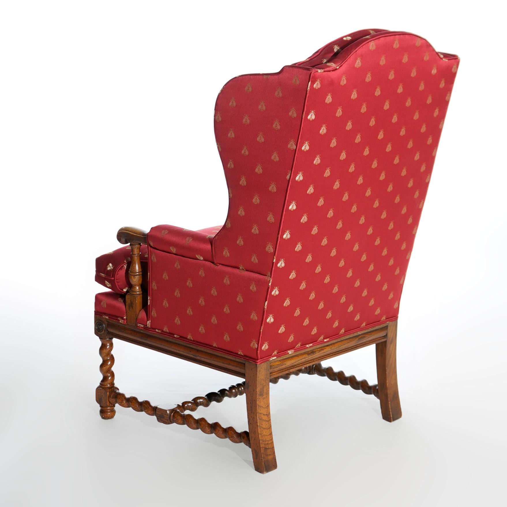 English Elizabethan Style Barley Twist Oak Fire Side Wingback Chair 20th C 4