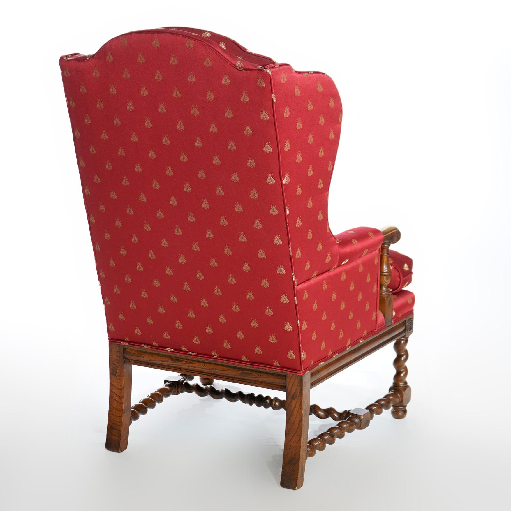 English Elizabethan Style Barley Twist Oak Fire Side Wingback Chair 20th C 5