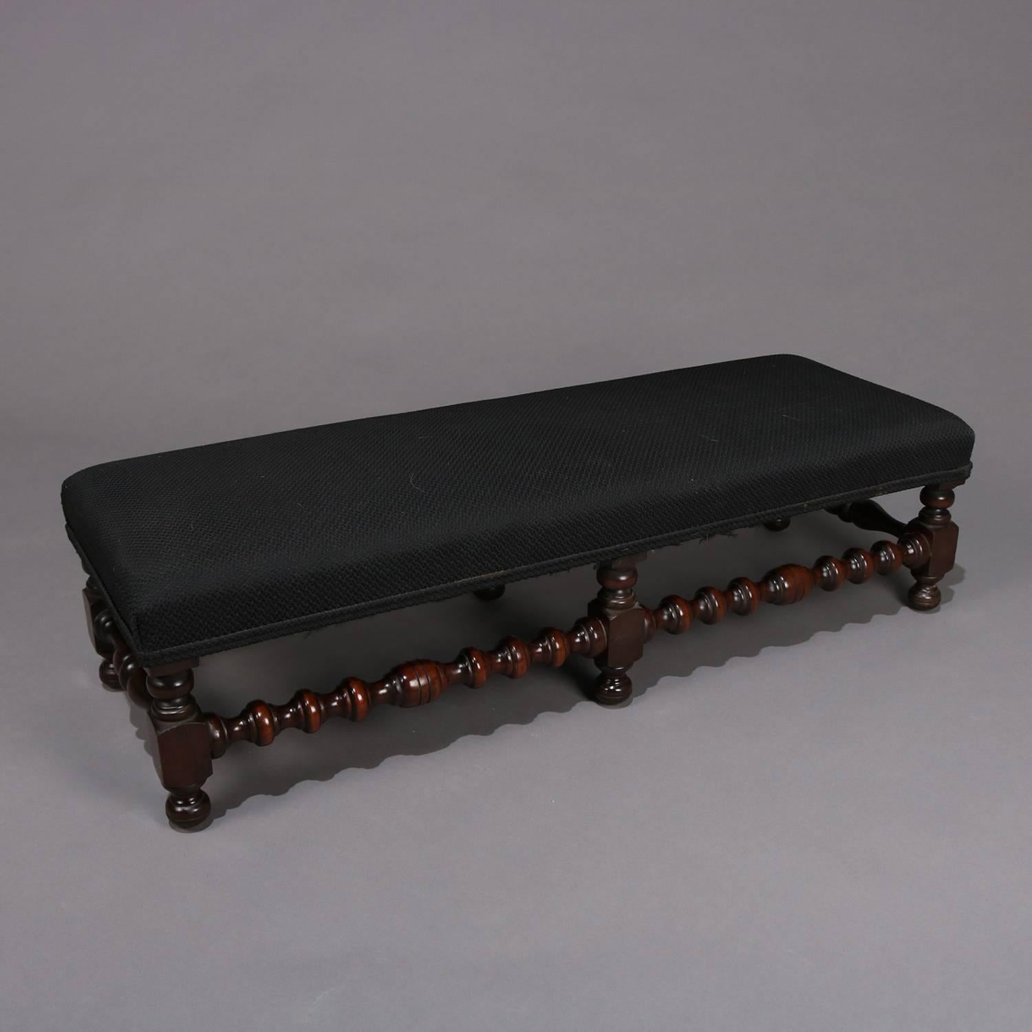 English Elizabethan Style Deeply Turned Six-Leg Upholstered Bench Footstool 8