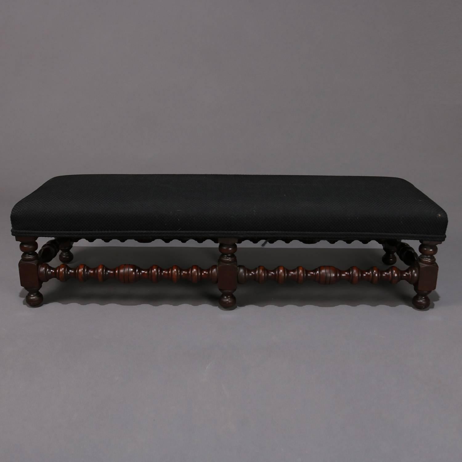 English Elizabethan Style Deeply Turned Six-Leg Upholstered Bench Footstool In Good Condition In Big Flats, NY