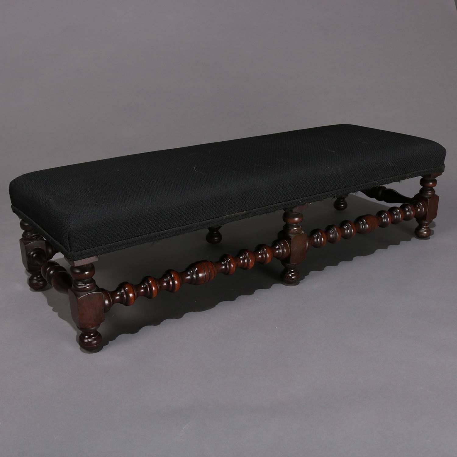 English Elizabethan Style Deeply Turned Six-Leg Upholstered Bench Footstool 1