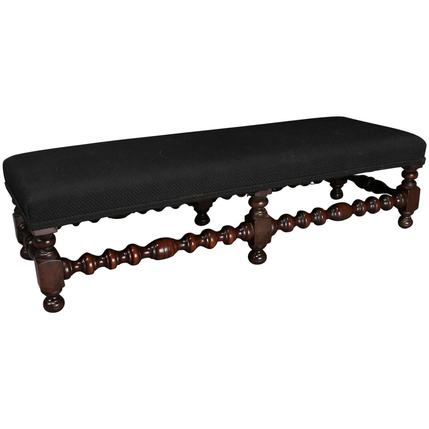 English Elizabethan Style Deeply Turned Six-Leg Upholstered Bench Footstool