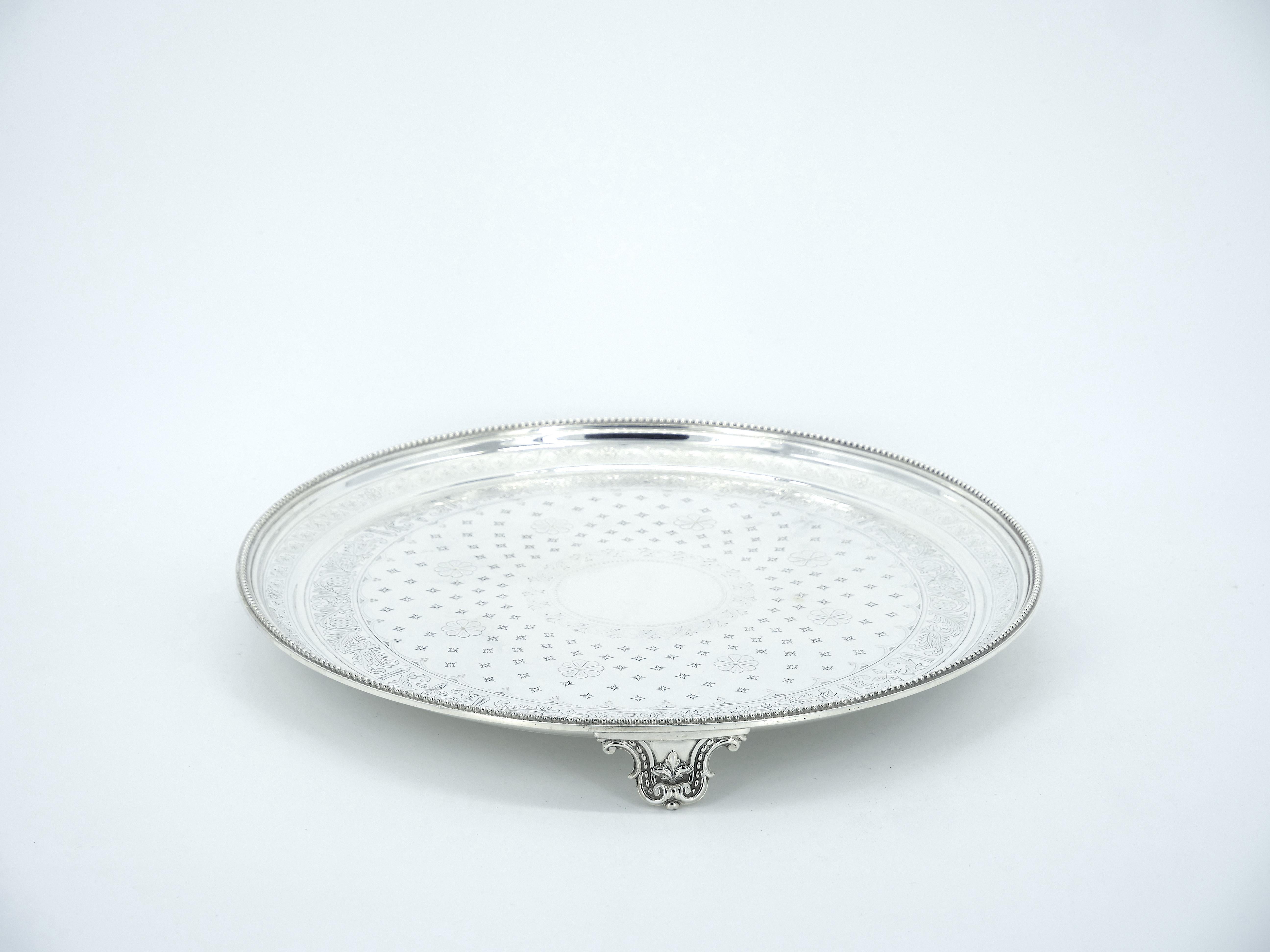 Victorian English Elkington's Silver Plated Round Shape / Interior Decorated Serving Tray For Sale