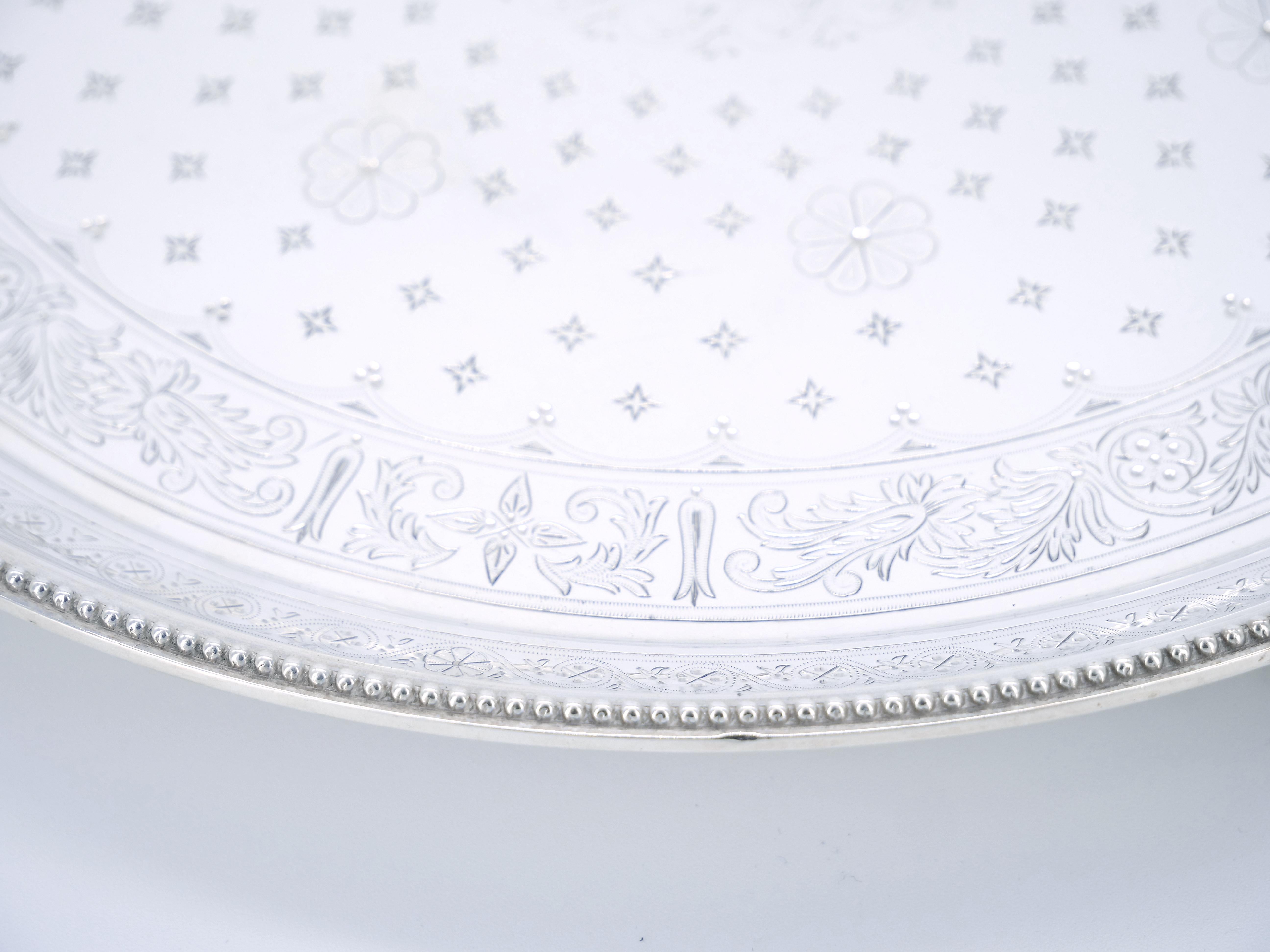 19th Century English Elkington's Silver Plated Round Shape / Interior Decorated Serving Tray For Sale