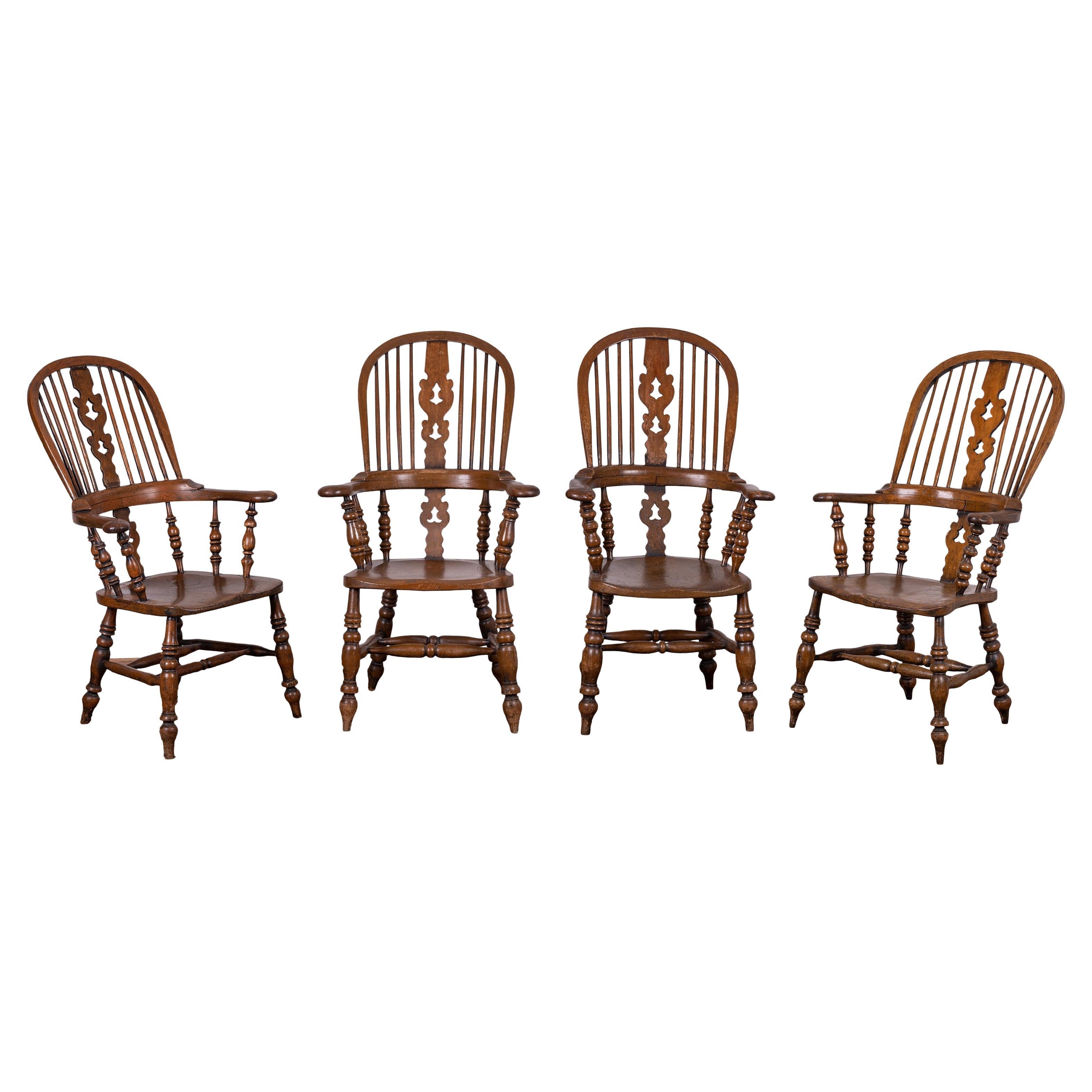 English Elm Broad Arm Windsor Armchairs, 19th Century - Set of 4 For Sale