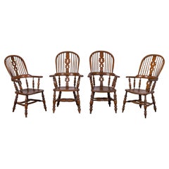 Antique English Elm Broad Arm Windsor Armchairs, 19th Century - Set of 4