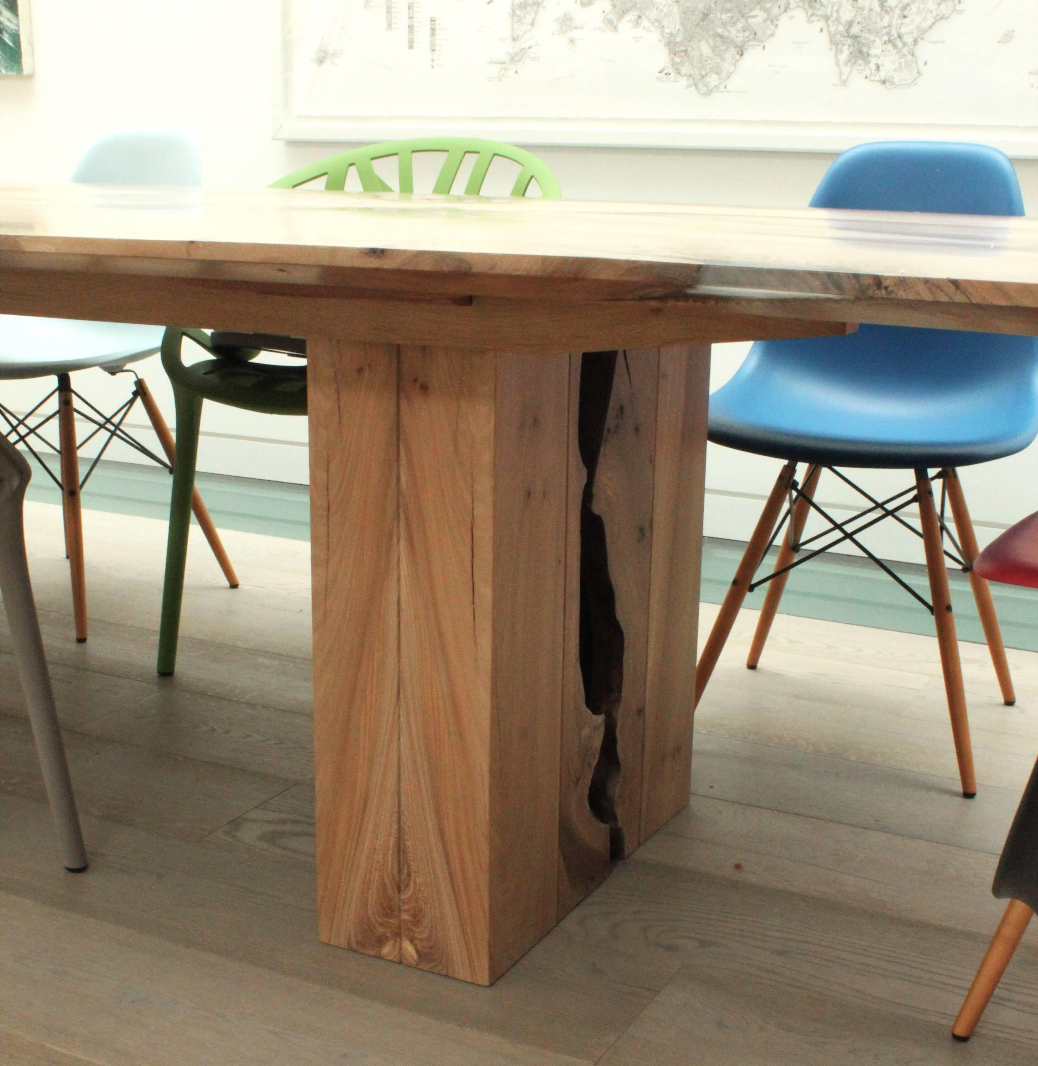 English Book-matched Elm Dining Table with Bleached, White Oil. inverted live edge legs For Sale