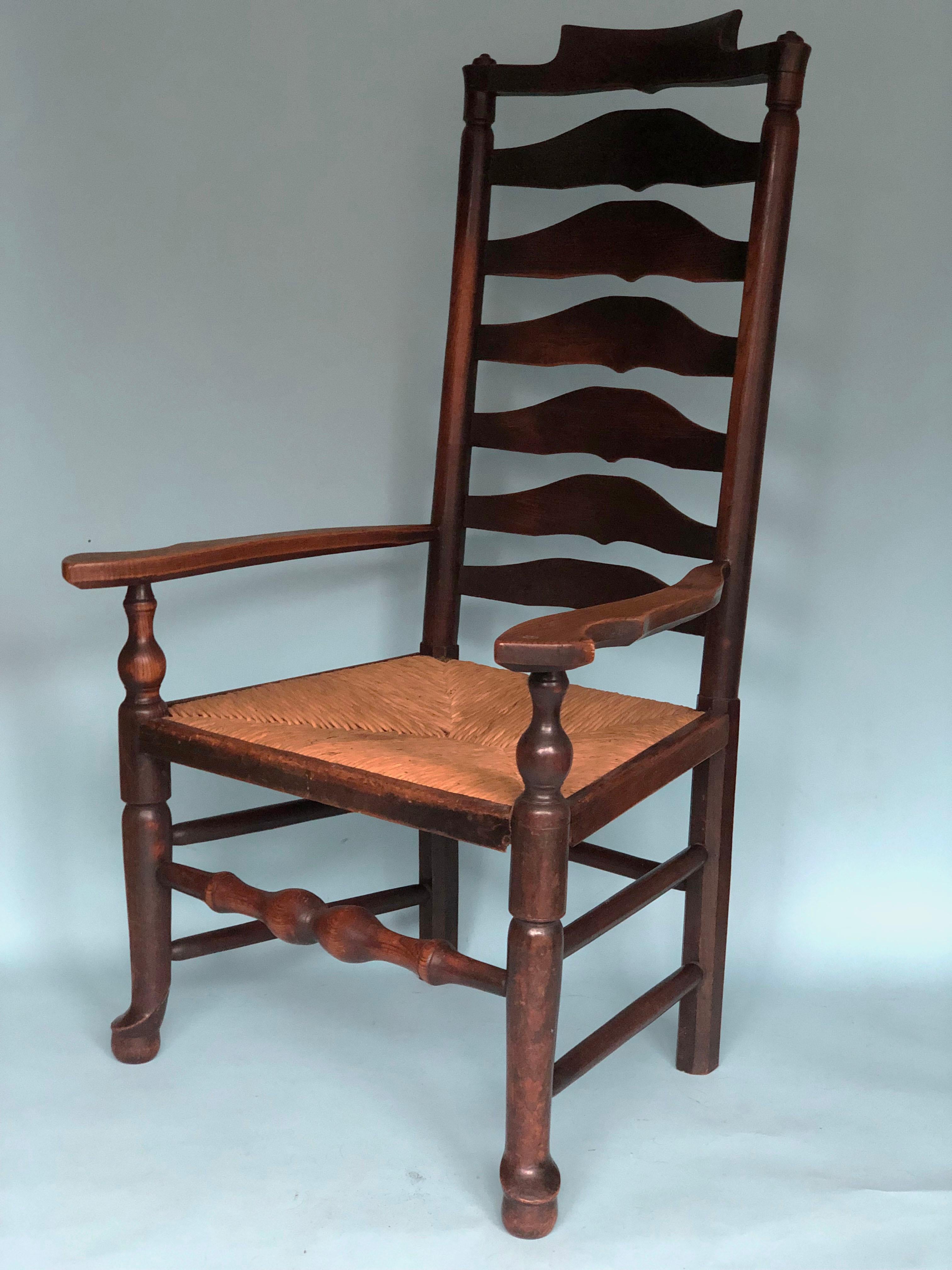 Rush English Elm Ladder Back Armchair Late 19th Century For Sale