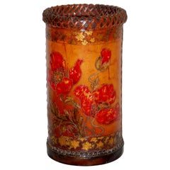 English Embossed Leather Wastebasket or Stick Stand Poppies and Star Motifs