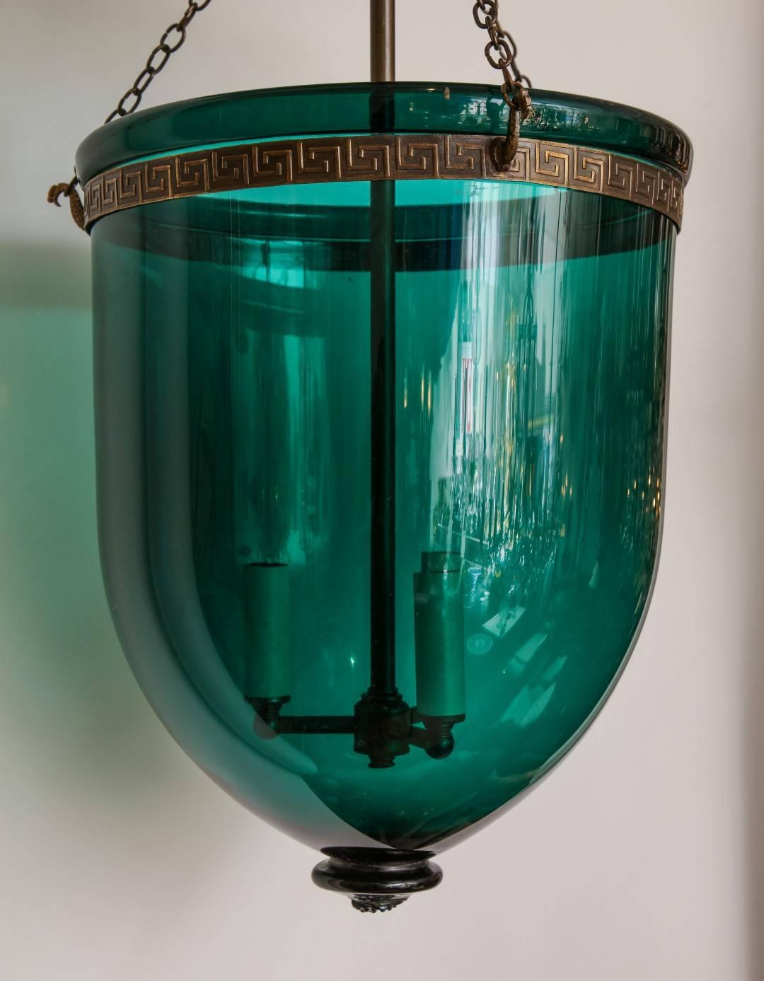 Brass English Emerald Green Hanging Bell Jar Lantern