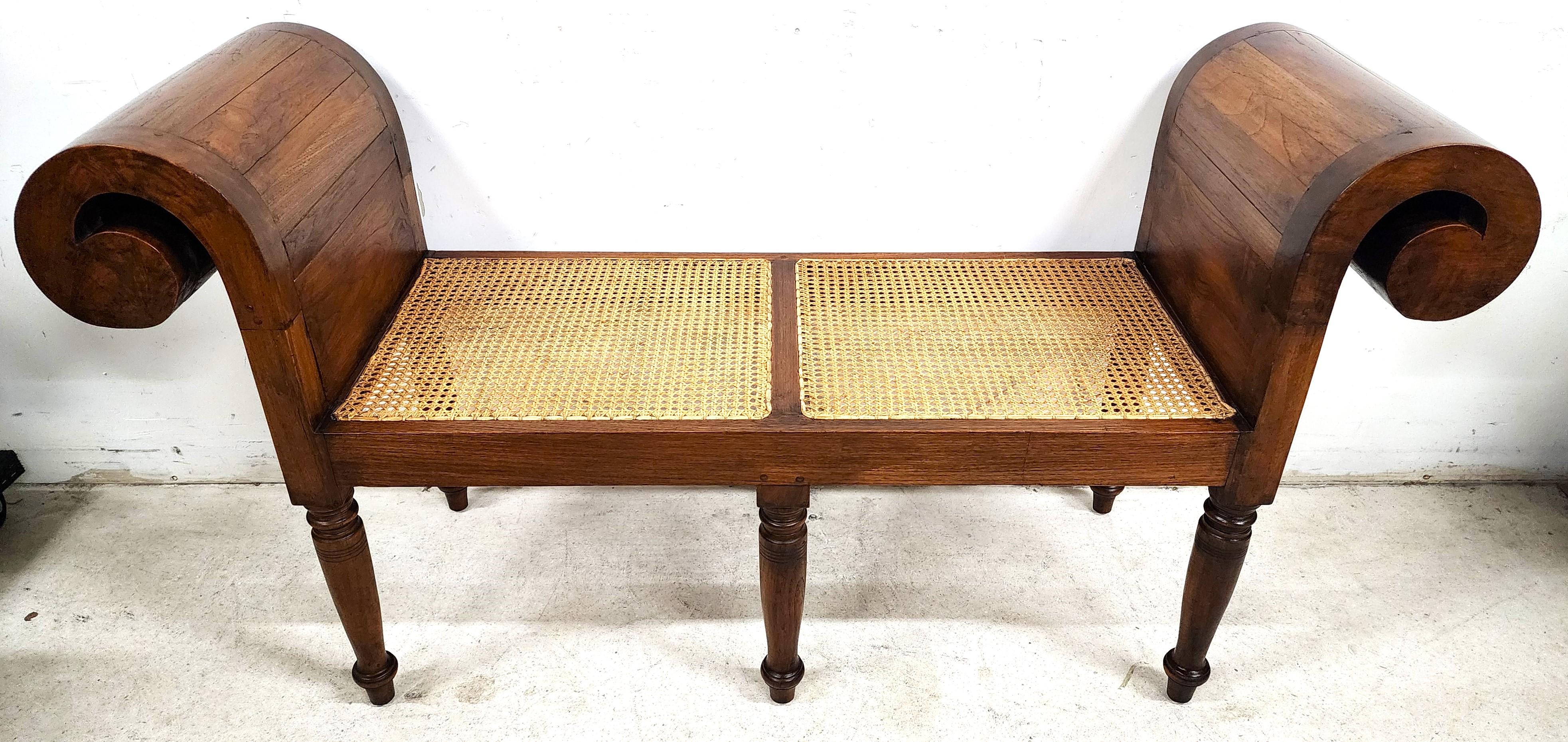 For FULL item description click on CONTINUE READING at the bottom of this page.

Offering One Of Our Recent Palm Beach Estate Fine Furniture Acquisitions Of An 
English Empire Regency Style Scroll Arm Bench with Caned Seat by BAUER