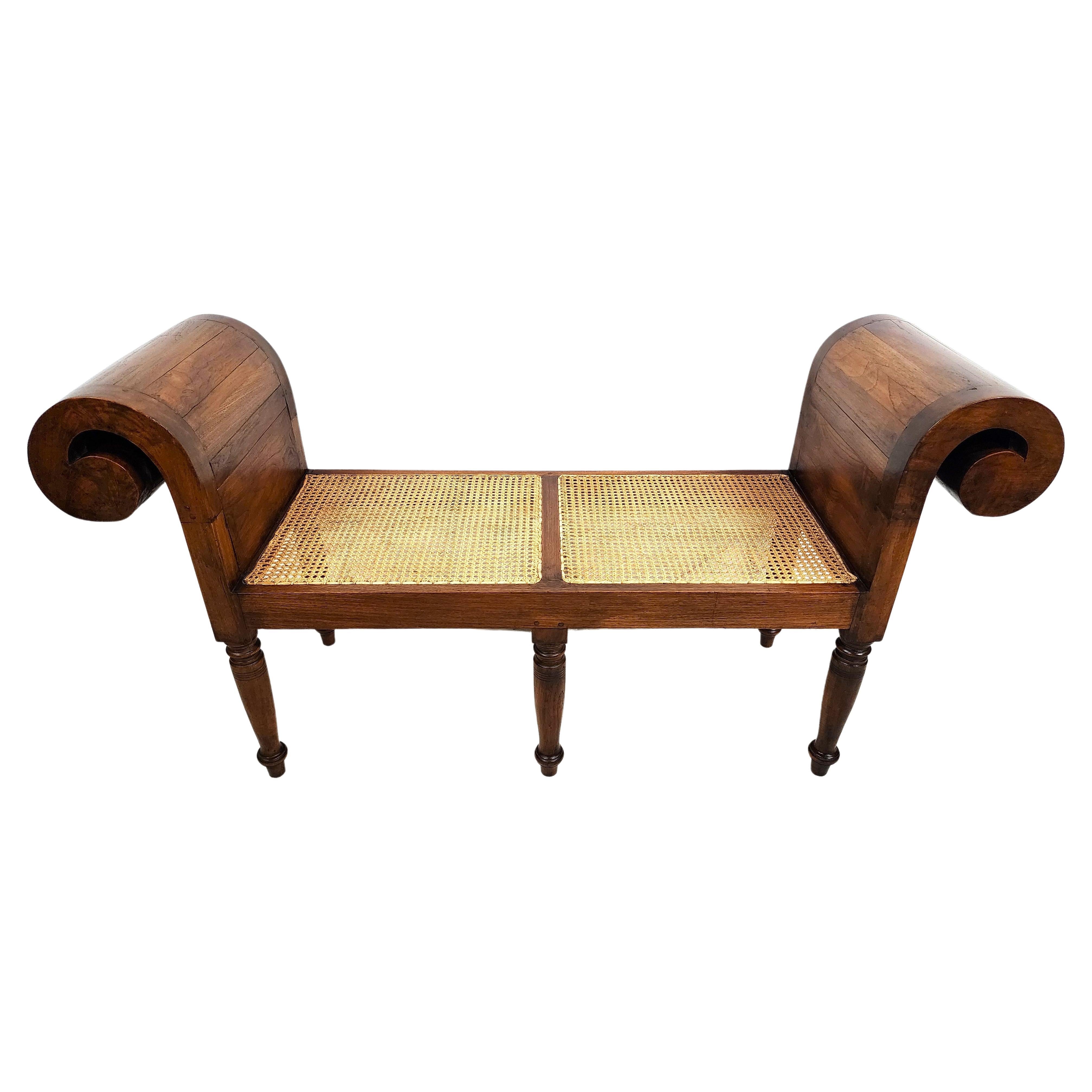 English Empire Bench Scroll Arm Caned Seat