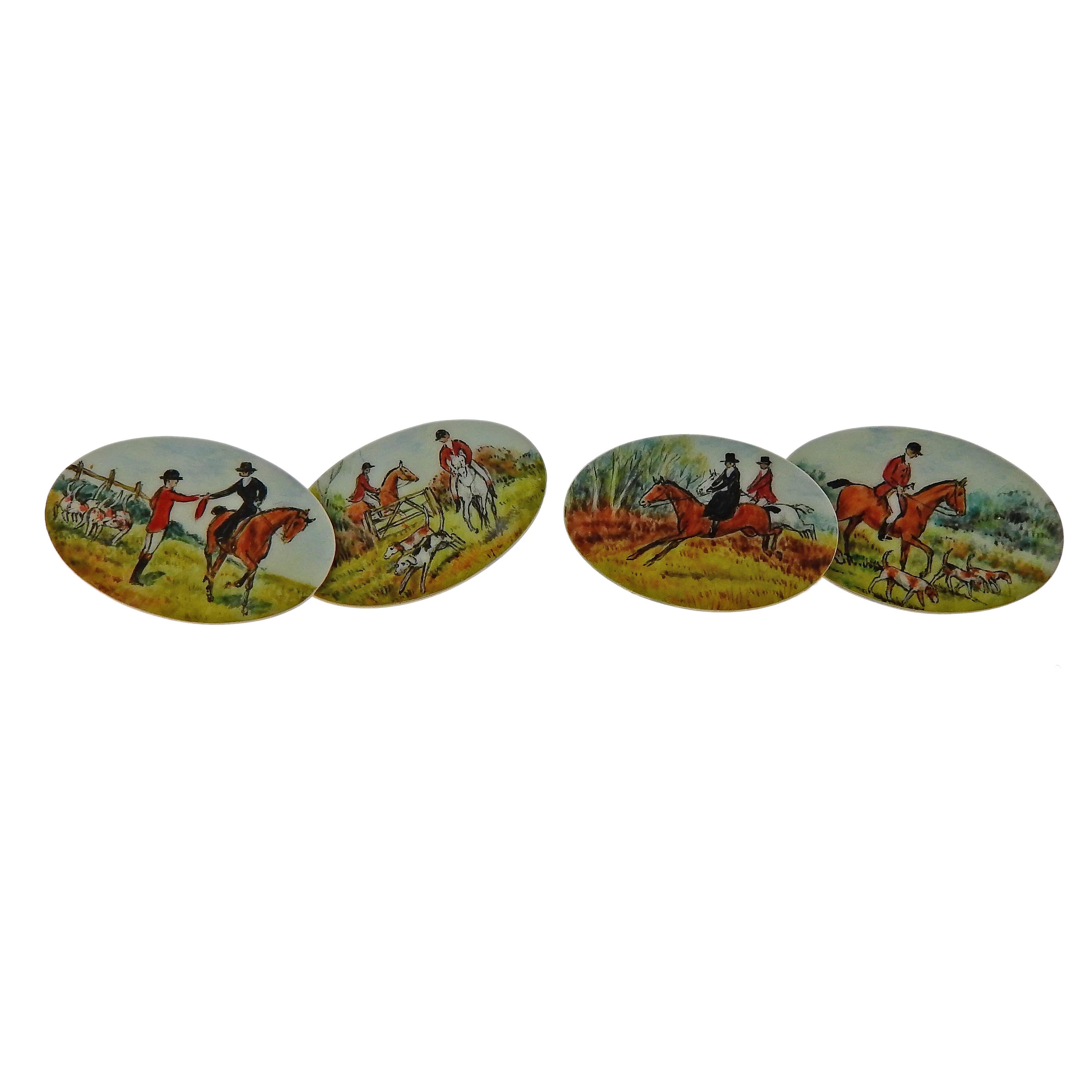 Pair of 18k gold oval English rafted cufflinks, depicting equestrian theme on enamel top. Each cufflink top is 20mm x 14mm. Marked with English hallmarks.  Weigh 8.3 grams.

SKU#C-00428
