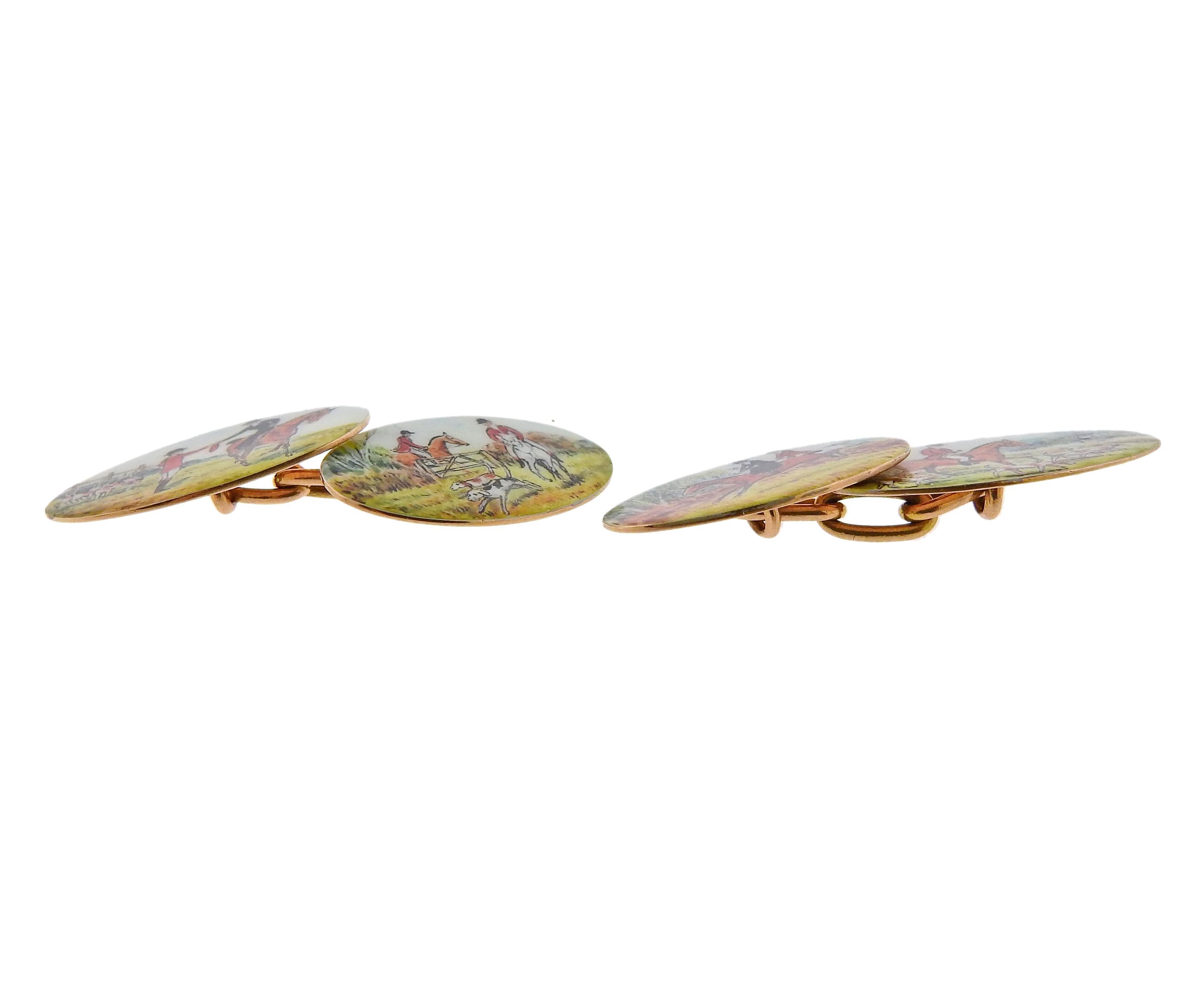 English Enamel Gold Equestrian Cufflinks In Excellent Condition For Sale In New York, NY