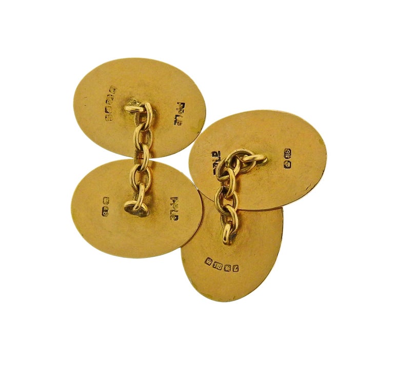 English Enamel Horse Equestrian Gold Cufflinks In Excellent Condition For Sale In New York, NY