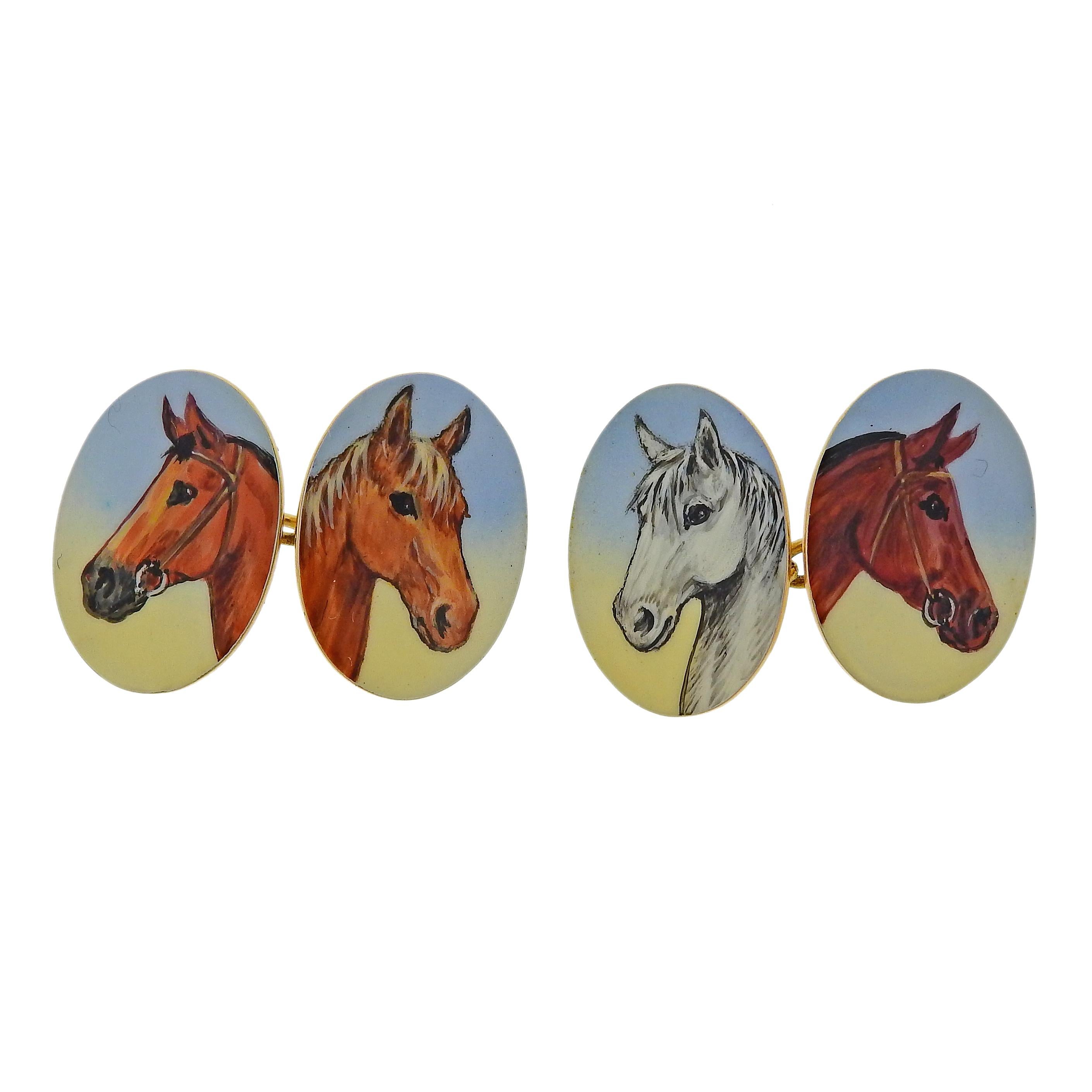 English Enamel Horse Equestrian Gold Cufflinks In Excellent Condition For Sale In New York, NY