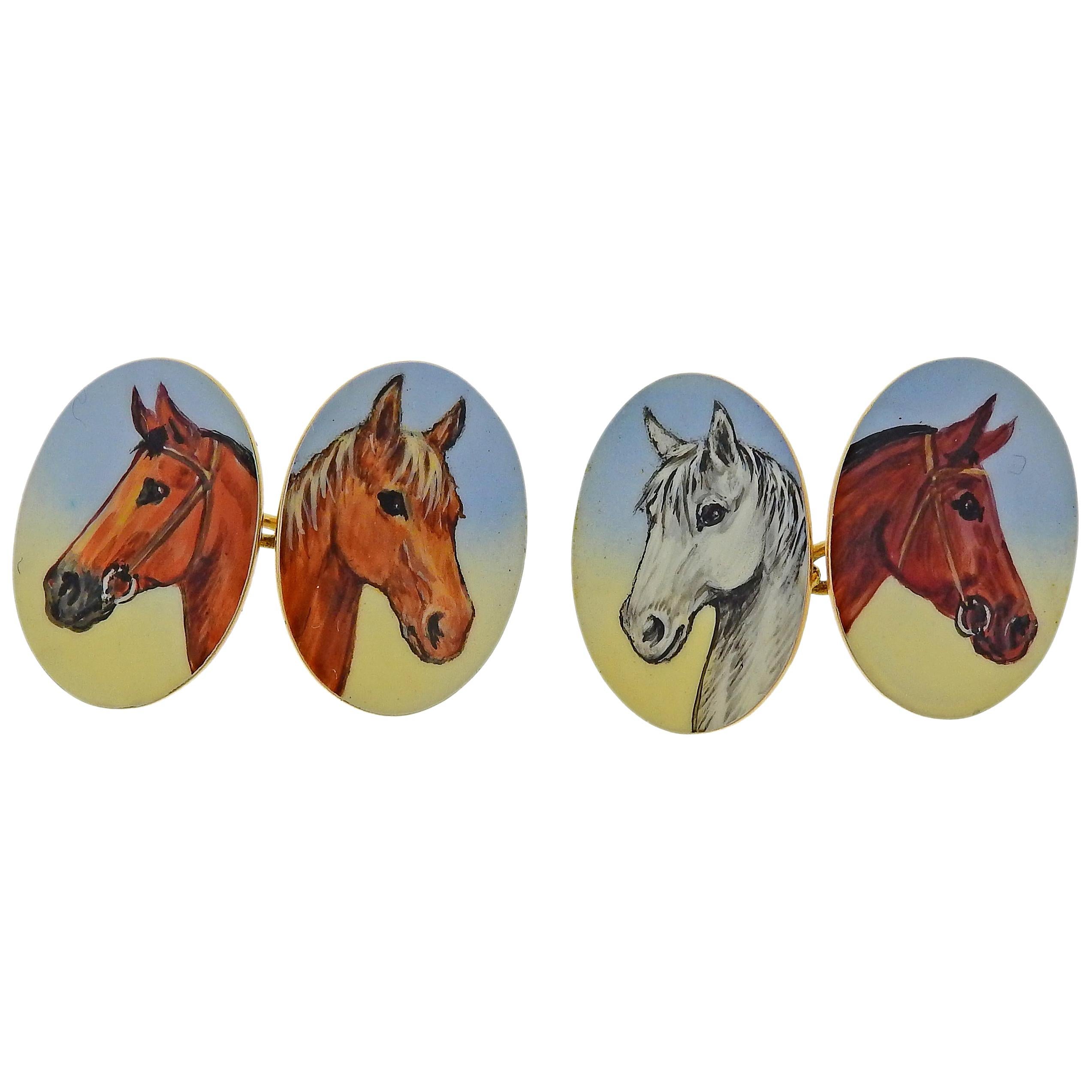 English Enamel Horse Equestrian Gold Cufflinks
