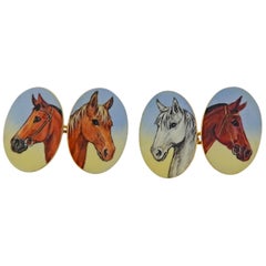 Vintage English Enamel Horse Equestrian Gold Cufflinks