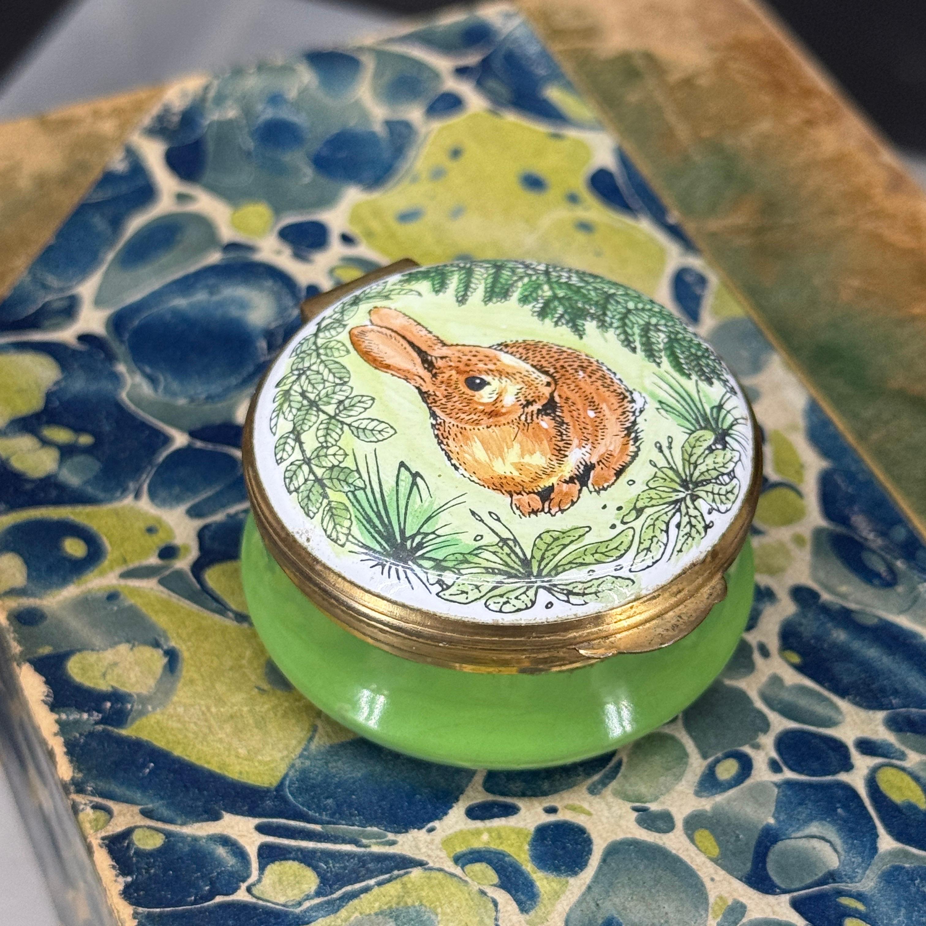 Gold English Enamel Painted Trinket Box of a Bunny Rabbit For Sale