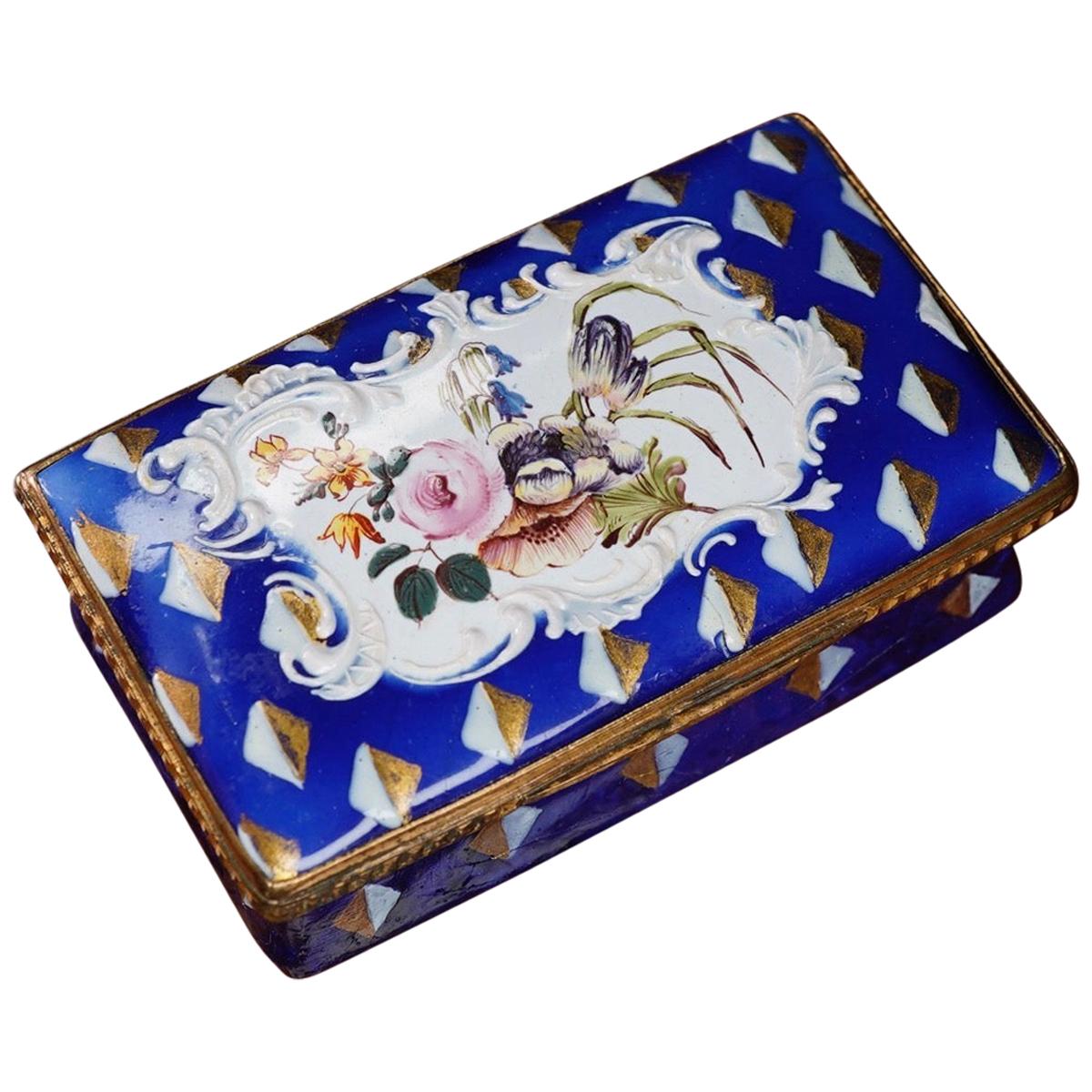 English Enamel Snuff Box, Blue with Flower Panel, circa 1780 For Sale