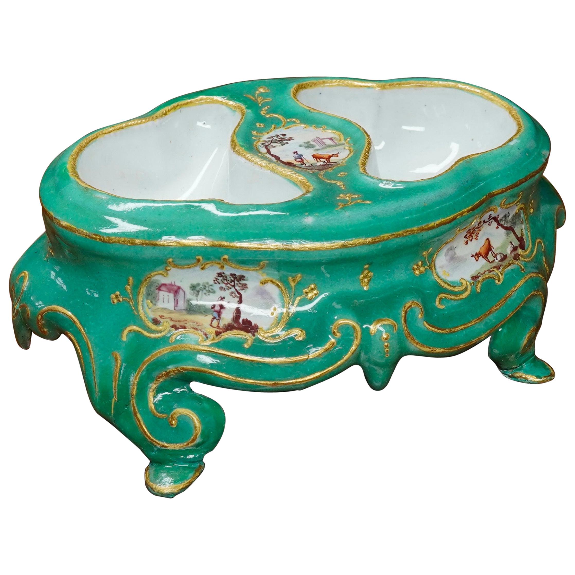 English Enamel Table Salt, Rococo Form with Landscape Panels, circa 1770 For Sale