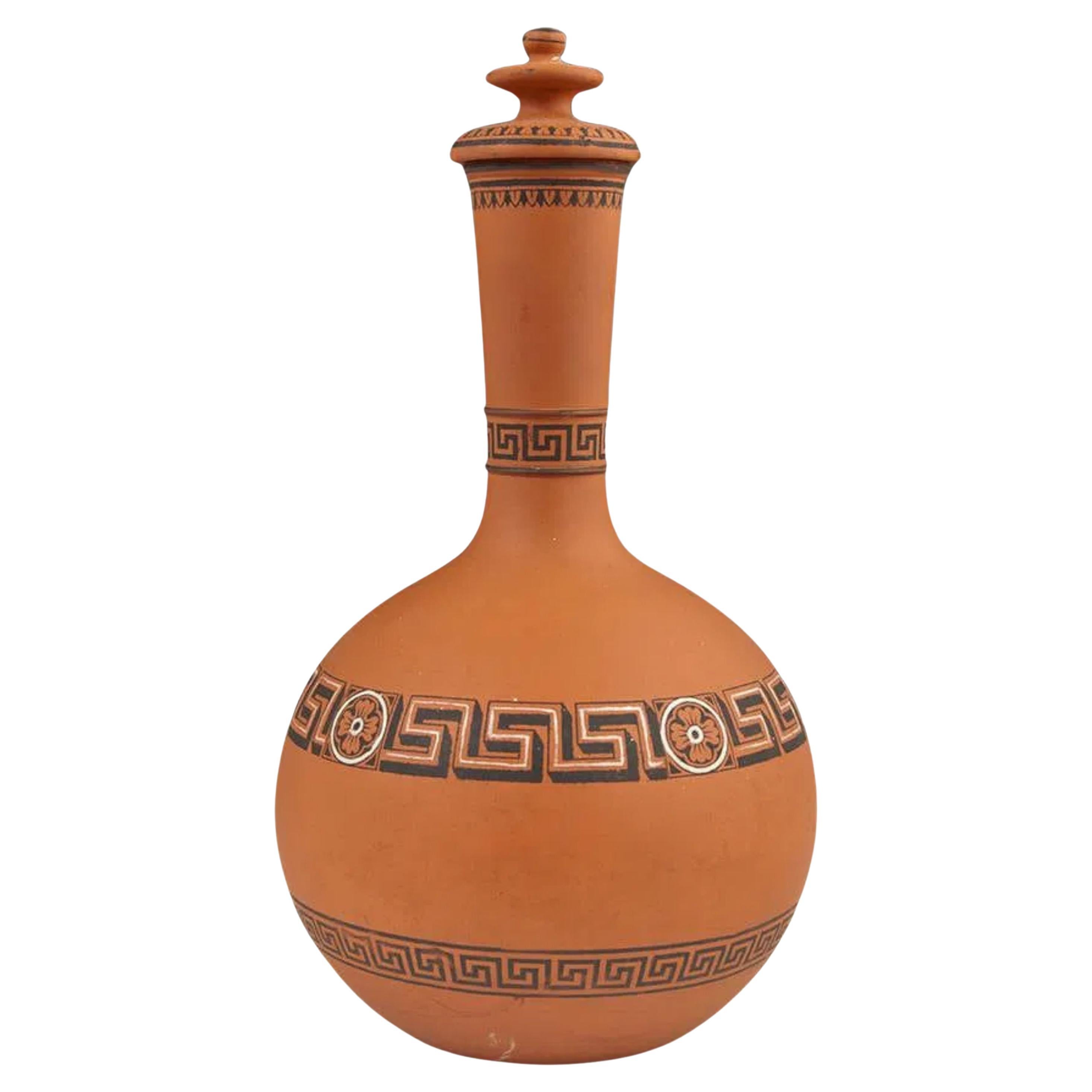 English Encaustic Terracotta Covered Carafe with Greek Key Decoration, Late 19th For Sale