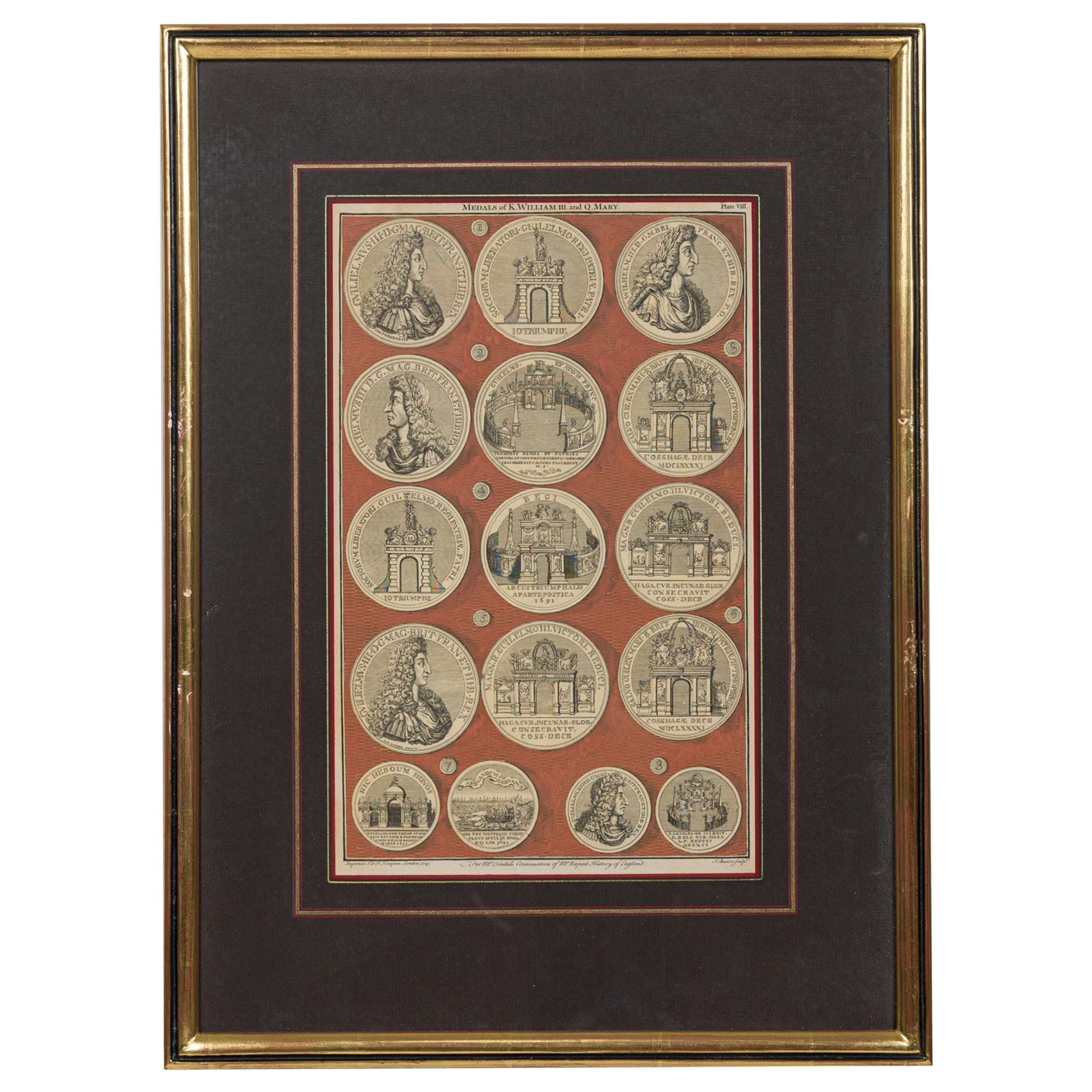 English engraving of Medals associated with King William III and Queen Mary