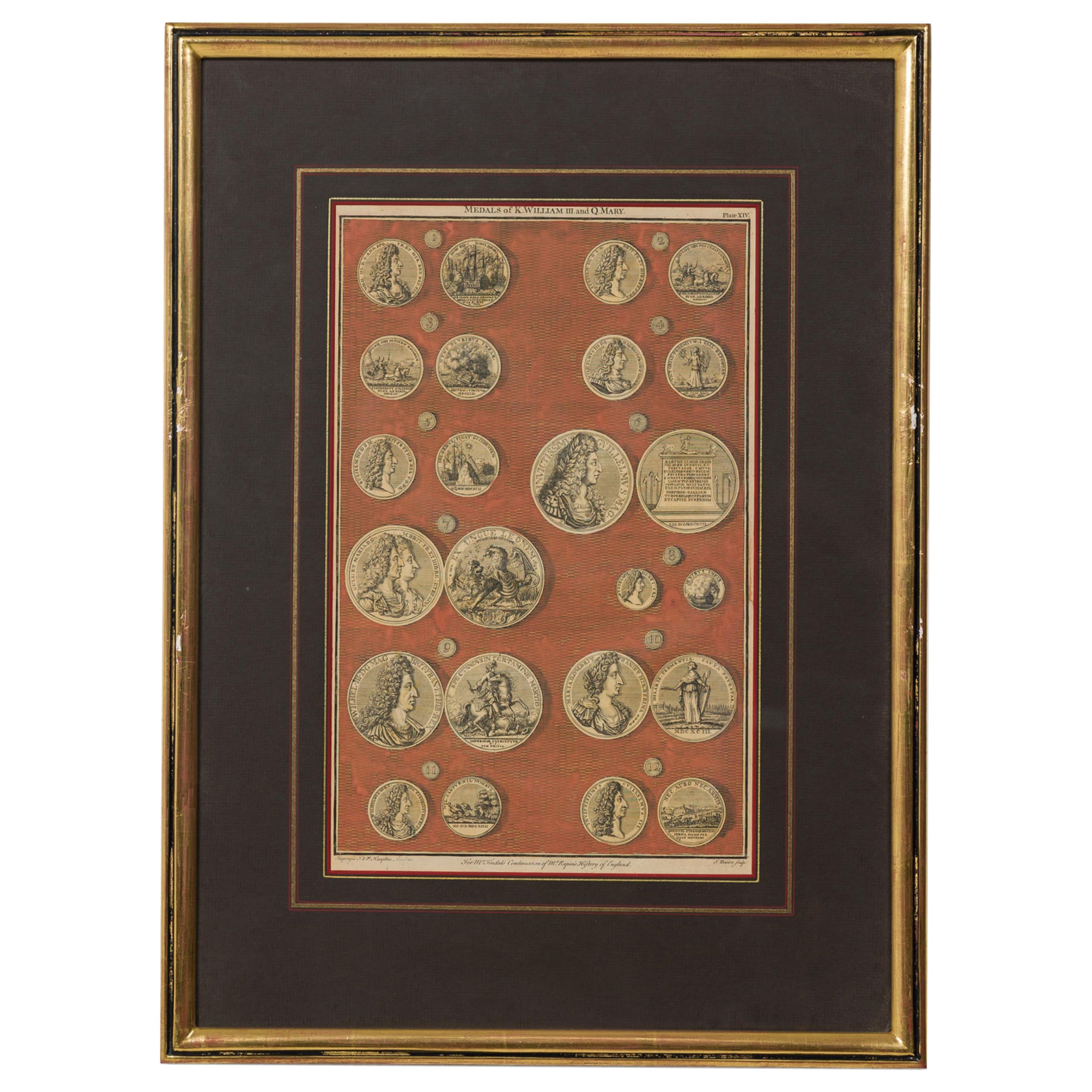 English engraving of Medals associated with King William III and Queen Mary