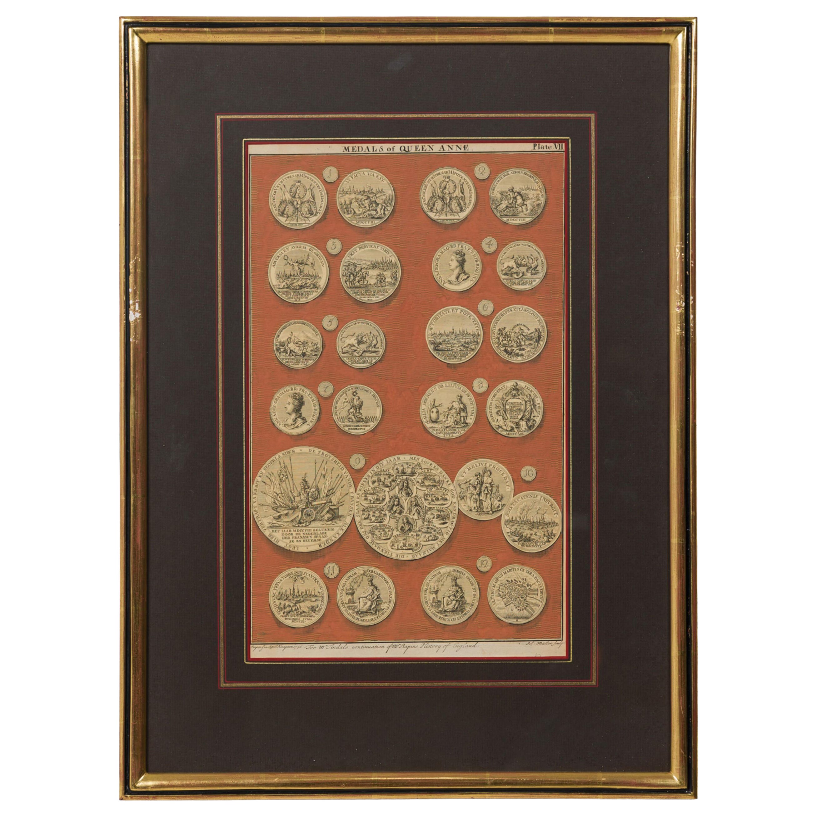 English Engraving of Medals associated with Queen Anne en venta