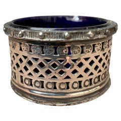 English EPBM Sheffield Silver Salt Cellar with Blue Glass Insert