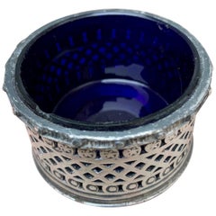 English EPBM Sheffield Silver Salt Cellar with Blue Glass Insert