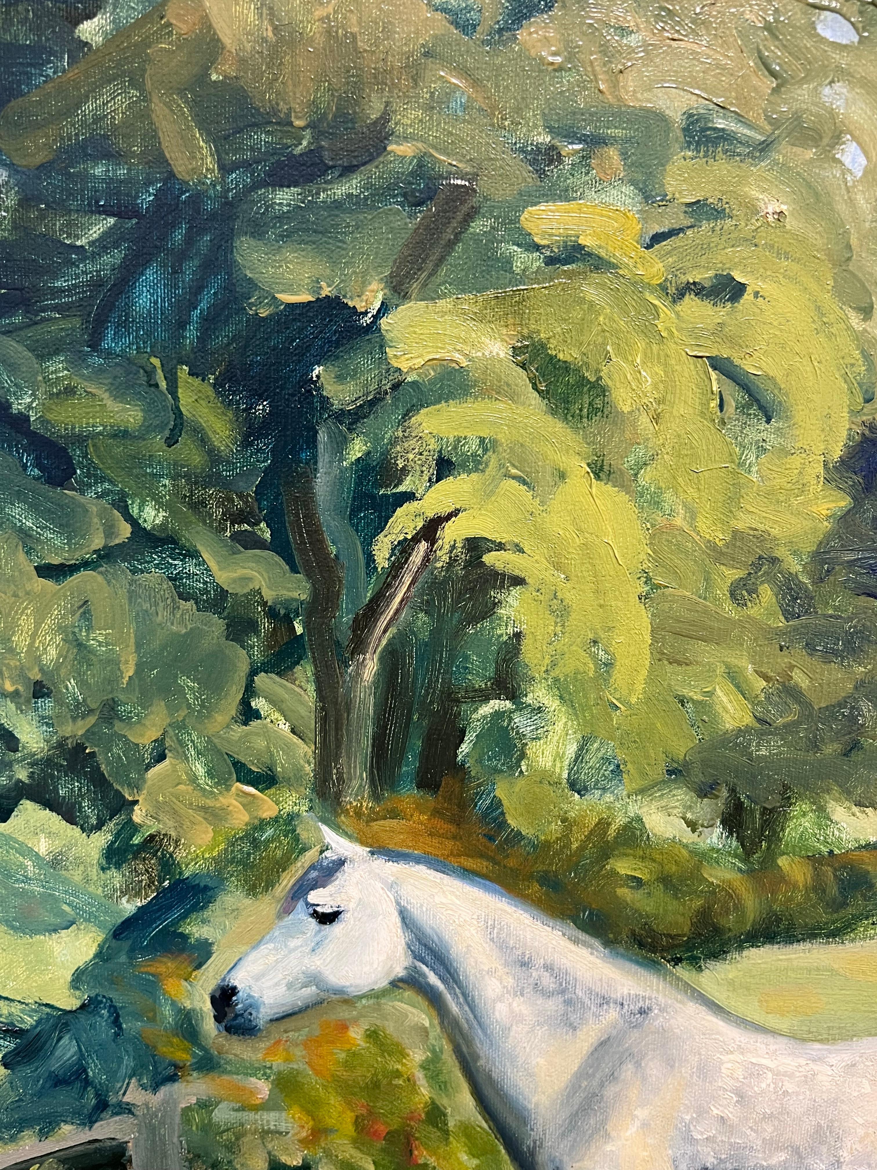 Large British Sporting Art Oil Painting White Horse in Green Fields signed 20thC For Sale 2